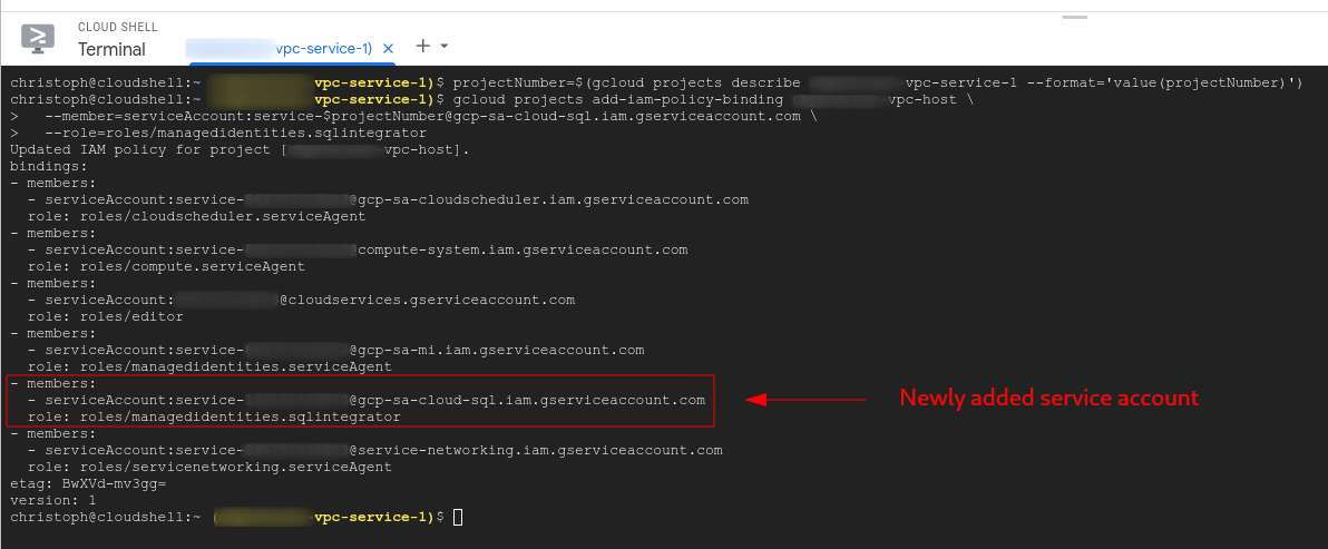 Output of gcloud command adding the role assignment to the host project