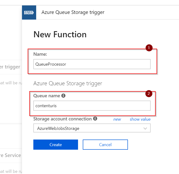 Provide a function name and the name of the queue