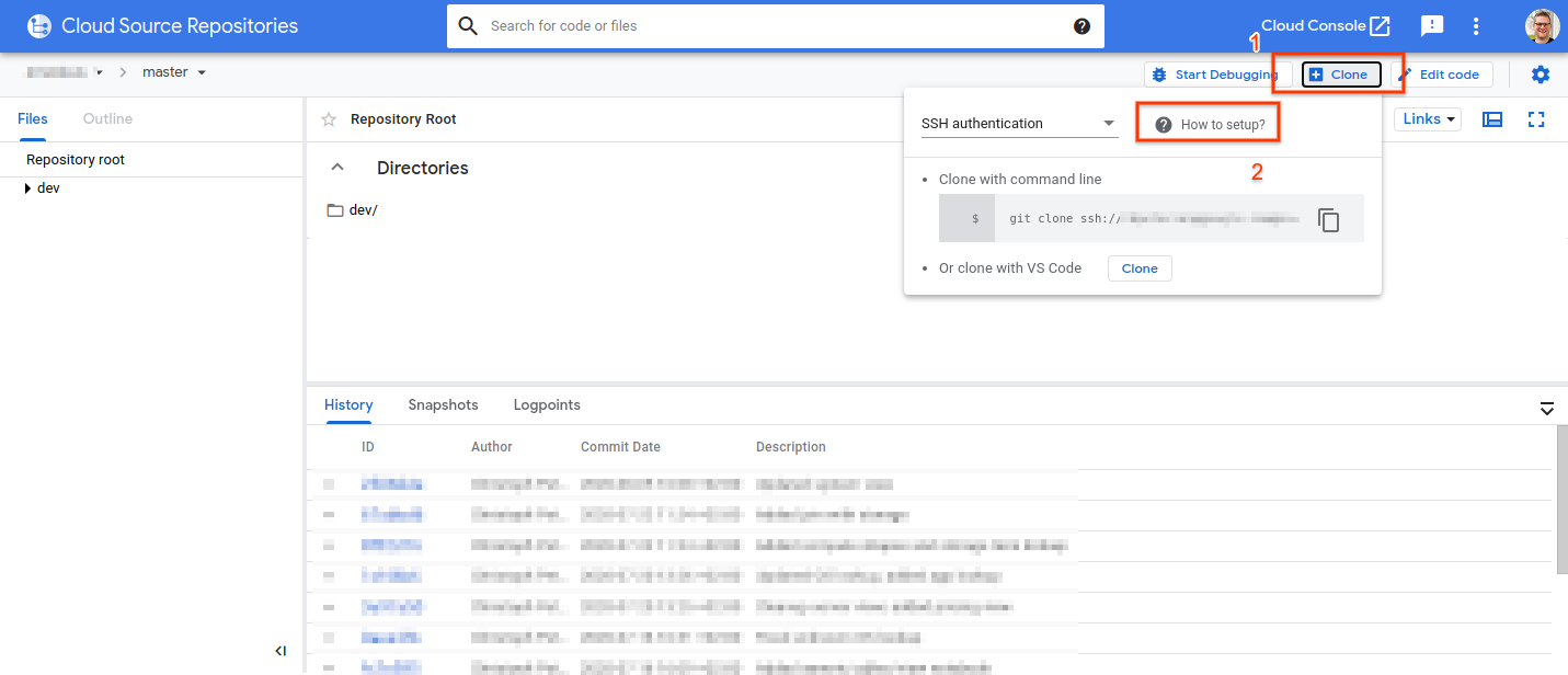 Cloud Source Repository - Open clone authentication settings