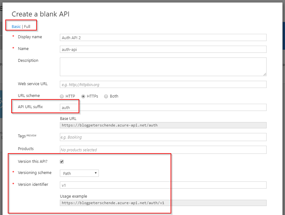 API configuration with URL suffix and versioning enabled