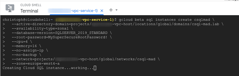 Screenshot of Cloud Shell with gcloud Cloud SQL deployment running