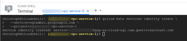 Output from running gcloud command creating the service account