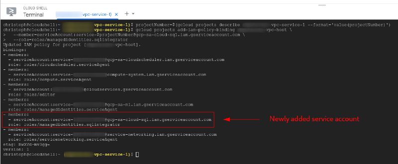 Output of gcloud command adding the role assignment to the host project