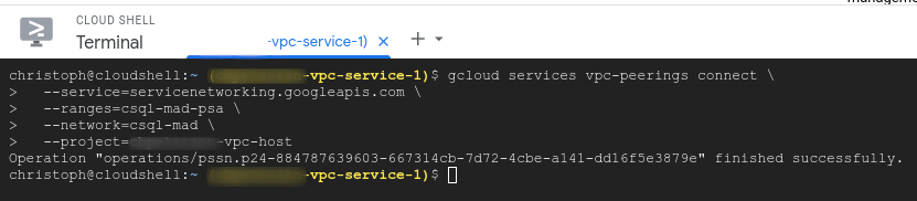 Output of the gcloud command to setup Private Service Access