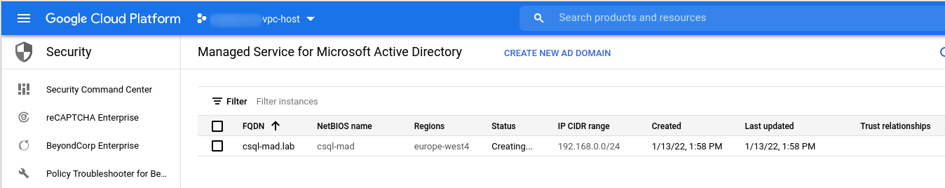 Managed Microsoft AD domain being deployed