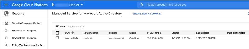 Managed Microsoft AD domain being deployed