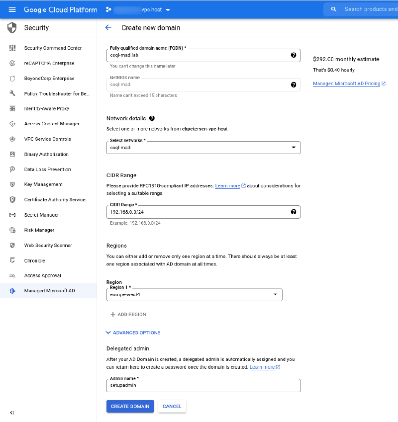 Managed Microsoft AD domain creation wizard