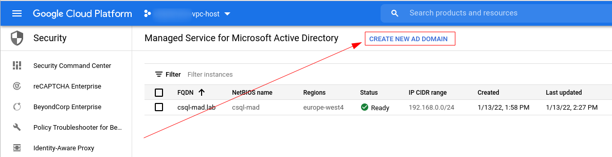 List of Managed Microsoft AD domains with create new AD domain button highlighted