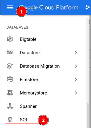 Cloud Console menu flow for Cloud SQL