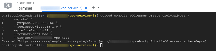 Output of gcloud command to create address range for private service access