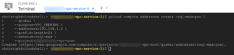 Output of gcloud command to create address range for private service access