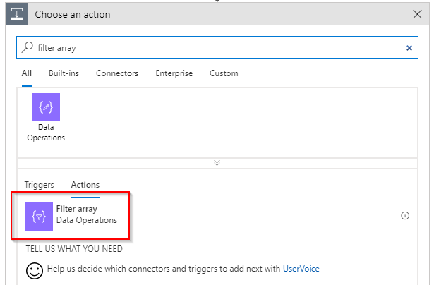 Add Filter array action