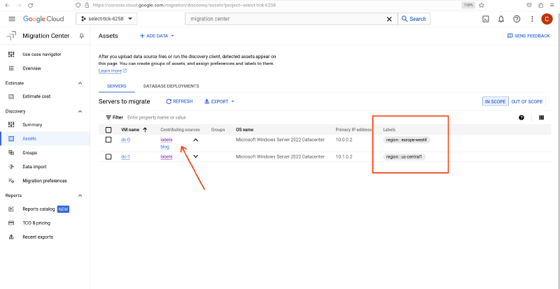 Assets screen with labels set