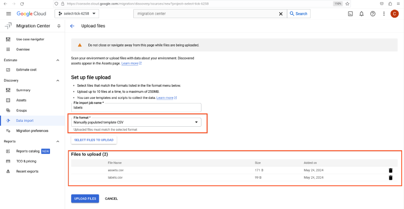 Upload files screen