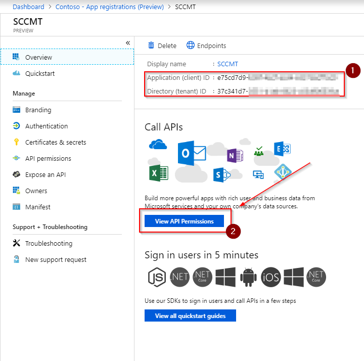 Make a note of Application ID and Directory ID and then select View API Permissions