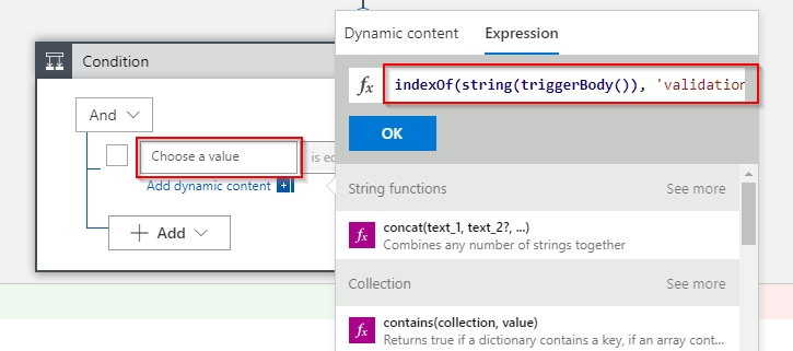 Set the condition parameter to the expression indexOf(string(triggerBody()), 'validationCode')