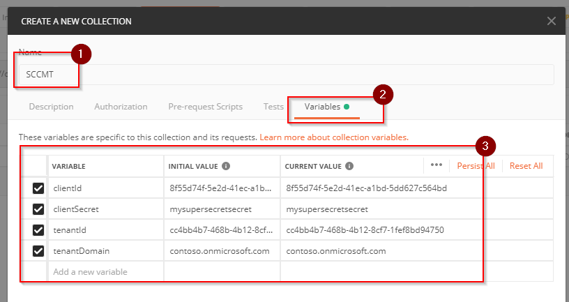 Name the collection, select the *Variables * tab and create the variables