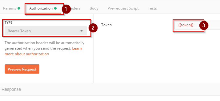 On the *Authorization *tab select Bearer Token and set the token value to {{token}}