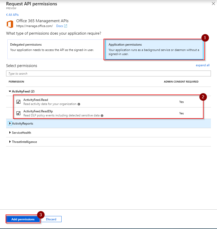 Select Application permissions then ActivityFeed. Read and ActivityFeed. ReadDlp