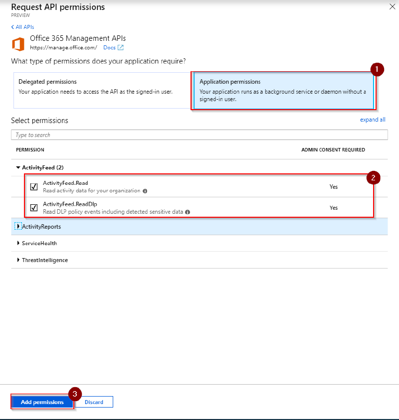 Select Application permissions then ActivityFeed. Read and ActivityFeed. ReadDlp