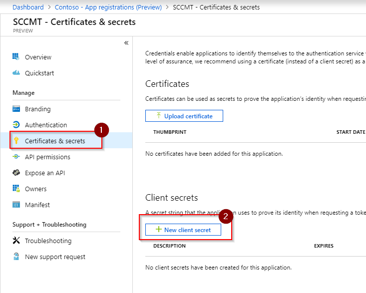 Select Certificates & secrets then New client secret