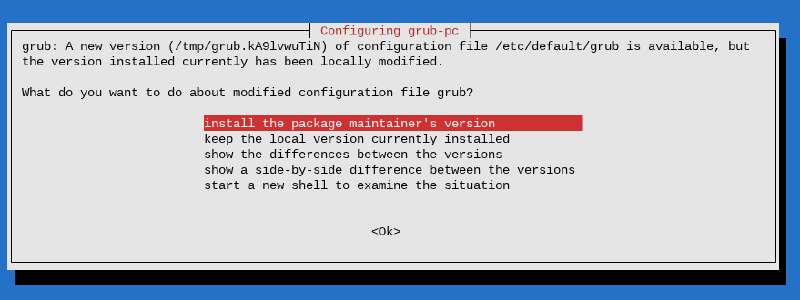 Installing the package maintainers version of GRUB configuration