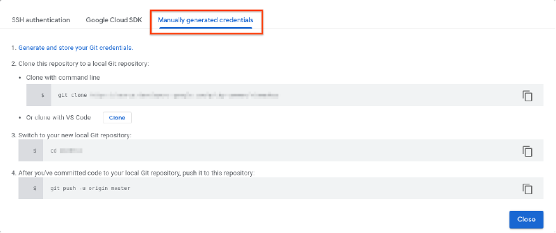 Cloud Source Repository - Authenticate with manually generated credentials
